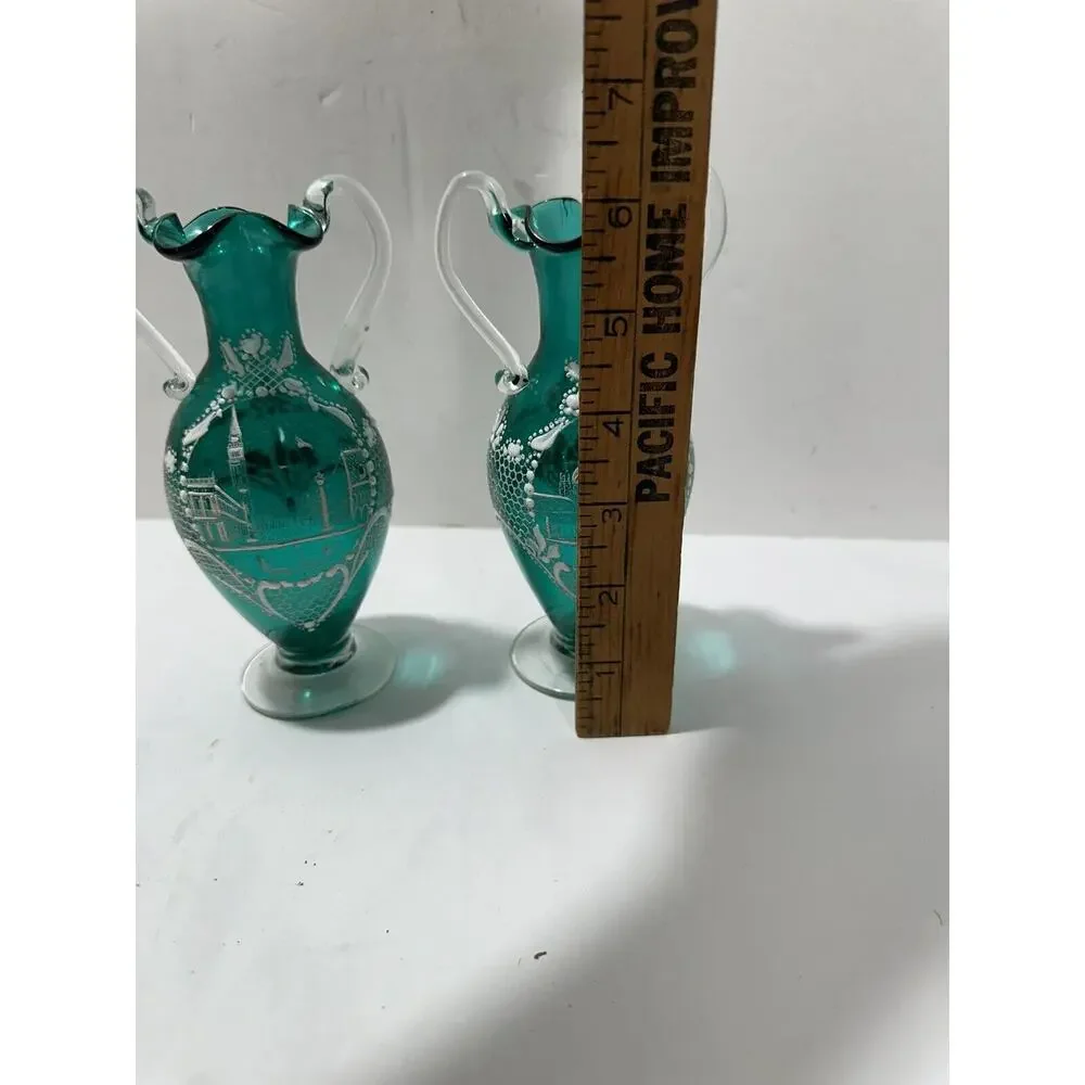 Stunning Pair (2) Salviati Moser Murano Italian Hand Painted Green Glass Vase 6”